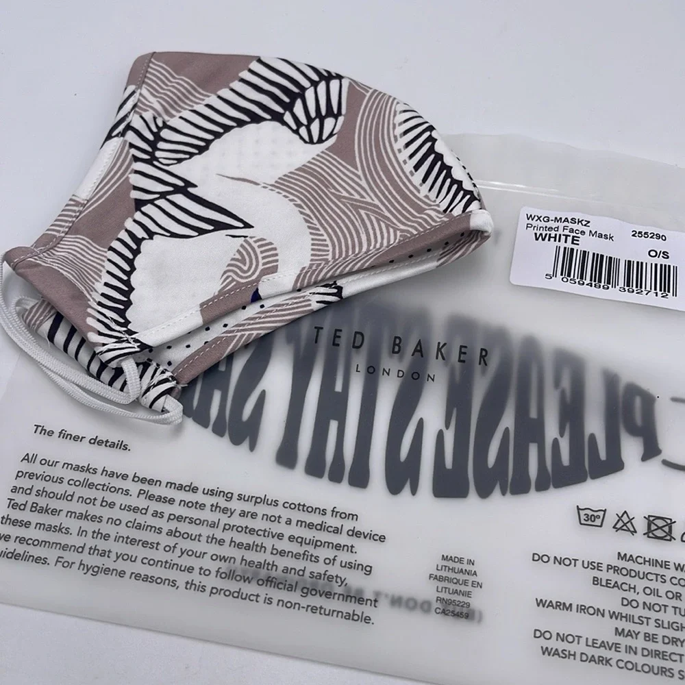 Stylish Tan and White Crane Pattern Face Mask TED BAKER Reversible Reusable